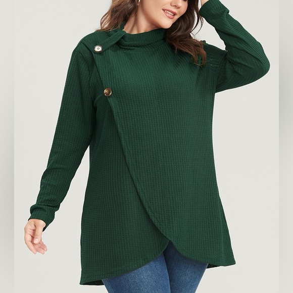 BloomChic Sweaters - BloomChic Stylish Green Asymmetrical Waffle Knit Long Sleeve Top Plus Size 2X